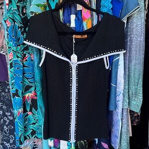 Y2K Belldini Black Tank Top with White Trim Double-way Zipper and Studs